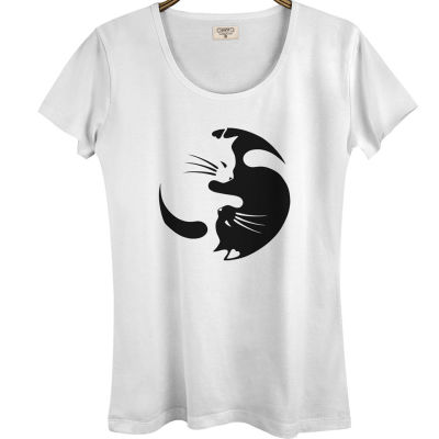 Bant Giyim - Yin Yang Kedi Kadın Beyaz T-shirt